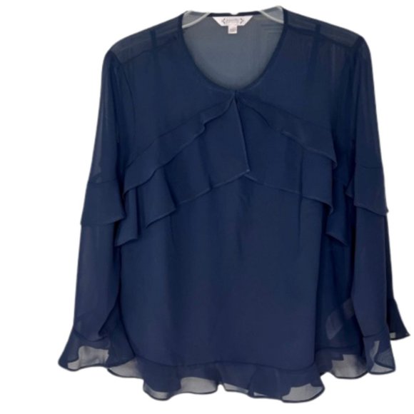 Nanette Lepore Sheer Navy Blue L/S Ruffled Blouse Top w/Cami - L - Picture 1 of 8